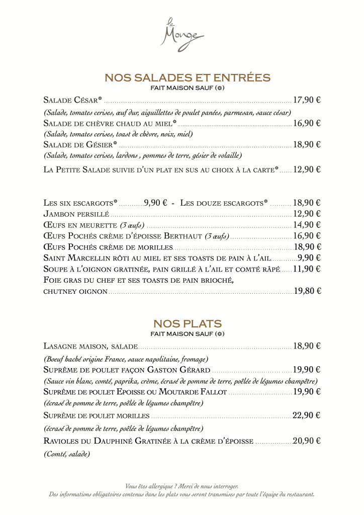 Carte de la Brasserie Le Monge (octobre 2026), page 1