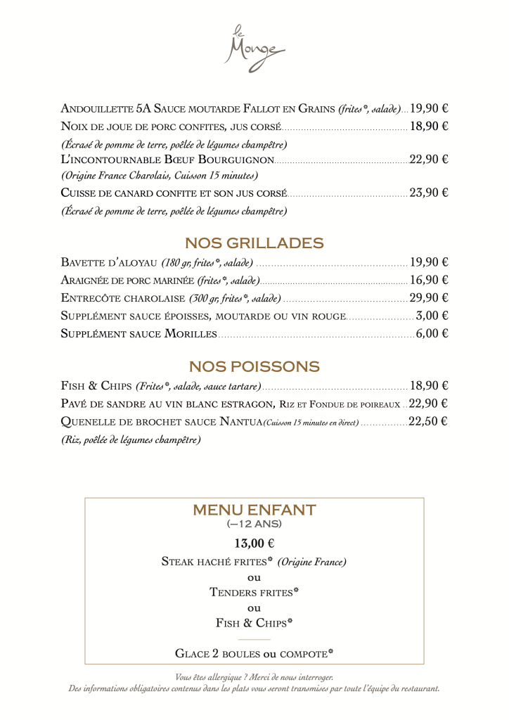 Carte de la Brasserie Le Monge (octobre 2026), page 2